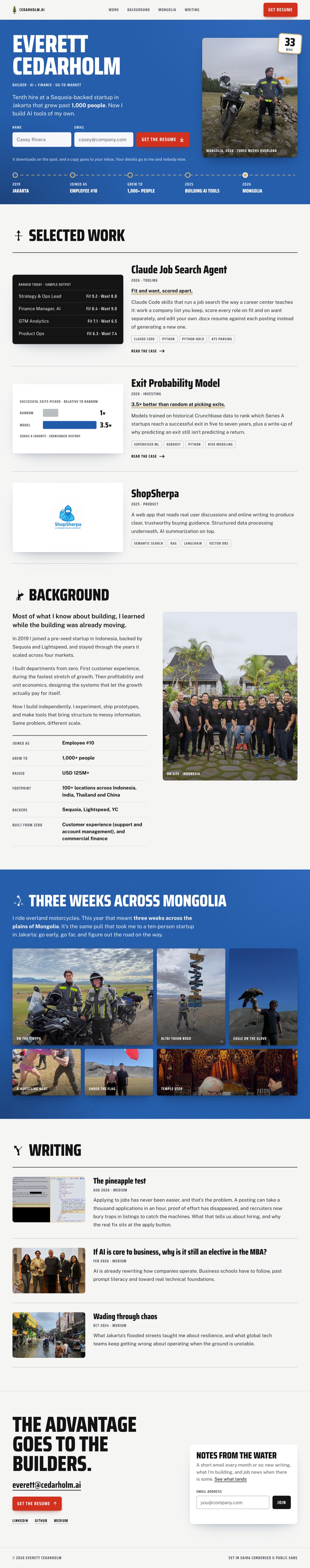 Full-page capture of Impeccable run 3: a sky-blue hero with a motorcycle photo and race plate, a career route line, project rows, and a Mongolia photo grid.