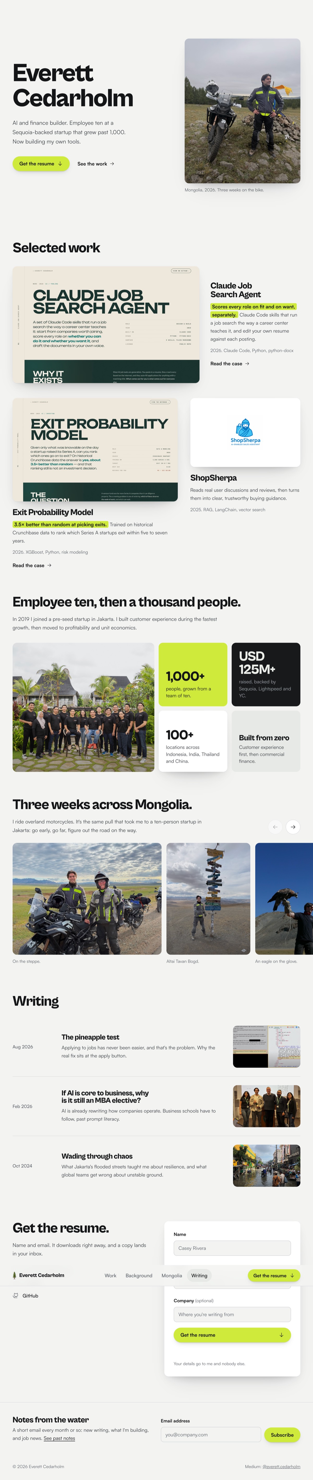 Full-page capture of Taste run 2: off-white page, hi-vis yellow-green buttons, a motorcycle photo in the hero, a project feature row and a Mongolia photo strip.